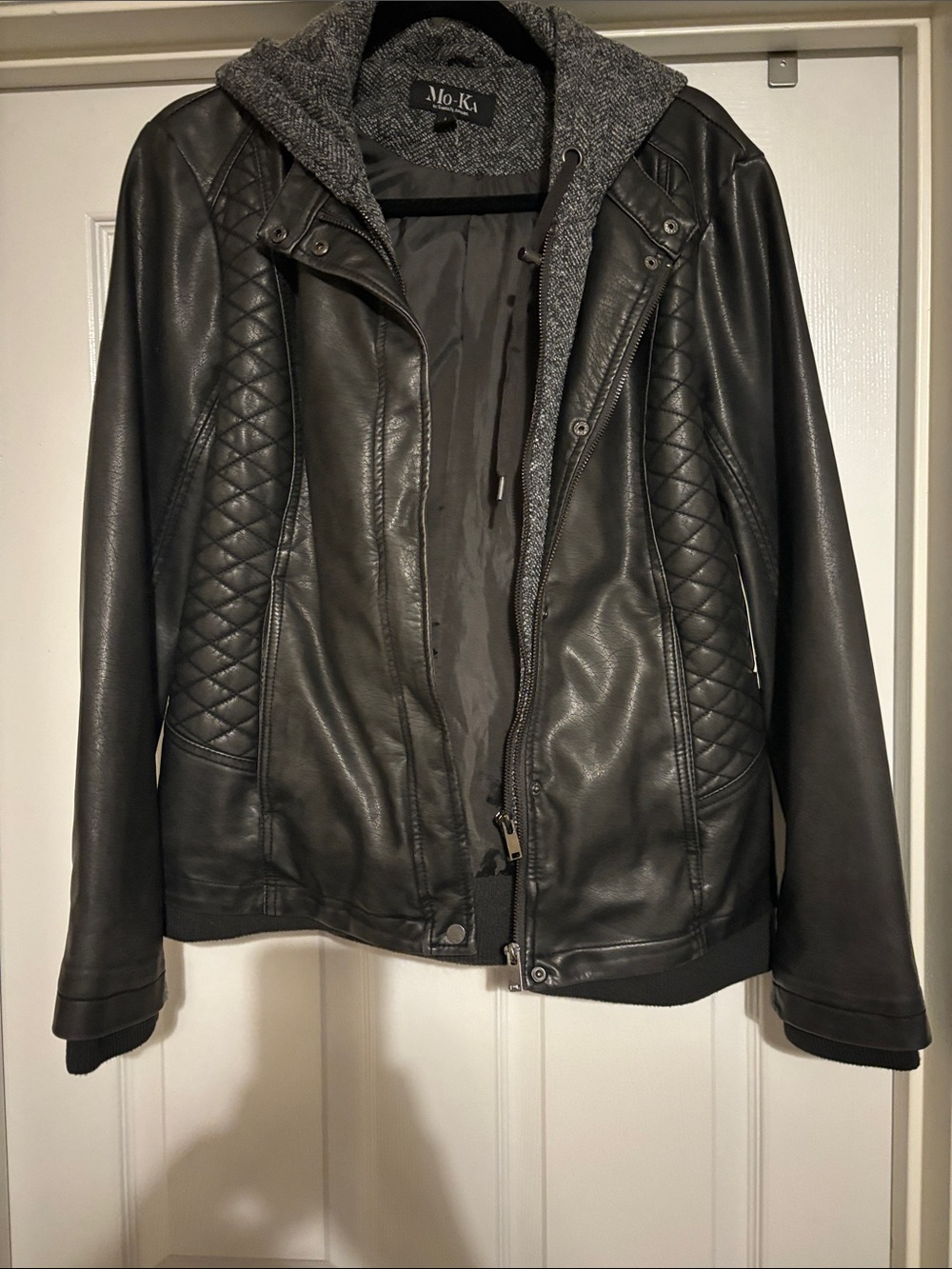 Mo-Ka Women's Black Quilted Faux Leather Jacket with Knit Hood